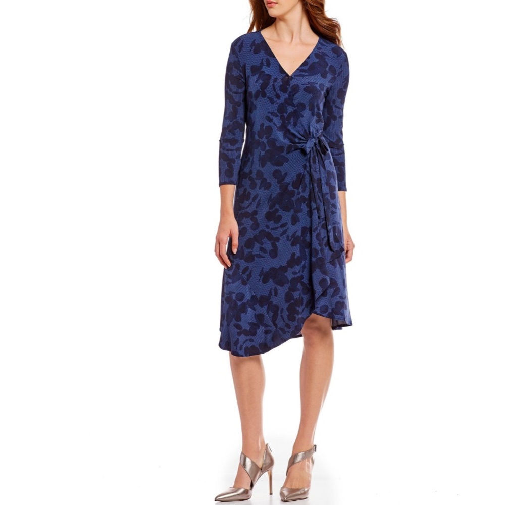 H Halston Pacific Heights Wrap Dress with Asymmetric Hem in Blue Eucalyptus